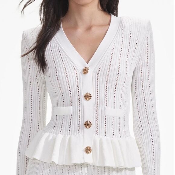 NWT SELF-Portrait WHITE KNIT PEPLUM MINI DRESS Medium - Picture 3 of 14